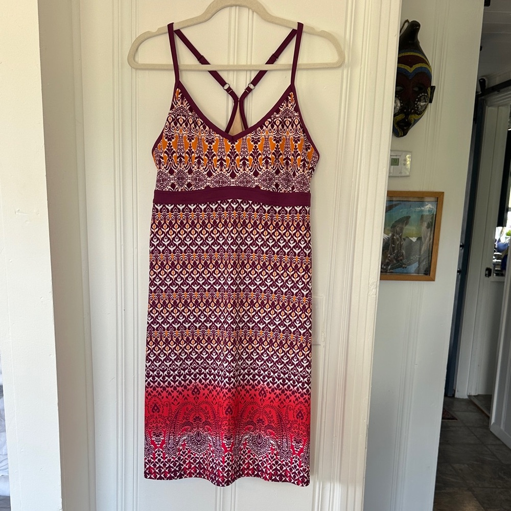 Athleta Burgundy, Orange and Red Patterned Strappy Midi Dress
